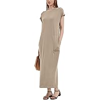 Flygo Dresses for Women Maxi Tshirt Dress Crewneck Slit Cap Sleeve Casual Ankle-Length Summer Sundresses with Pockets(Khaki-M)