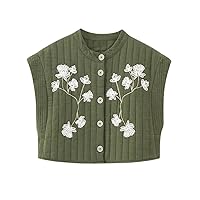 Floral Embroidery Short Padded Vest Women Retro Style Single Breasted Army EN8 Sleeveless Jacket Coat