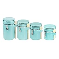Canister Sets For The Kitchen (4 Piece) Turquoise, High Gloss Ceramic | By Home Basics | Decorative Set | With Wooden Spoons, Countertop For Flour, Sugar, Coffee, and Snacks