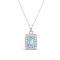 Emerald Cut Aquamarine Round Diamond 5/8 ctw Womens Halo Pendant Necklace 16 Inches Chain 14K Gold