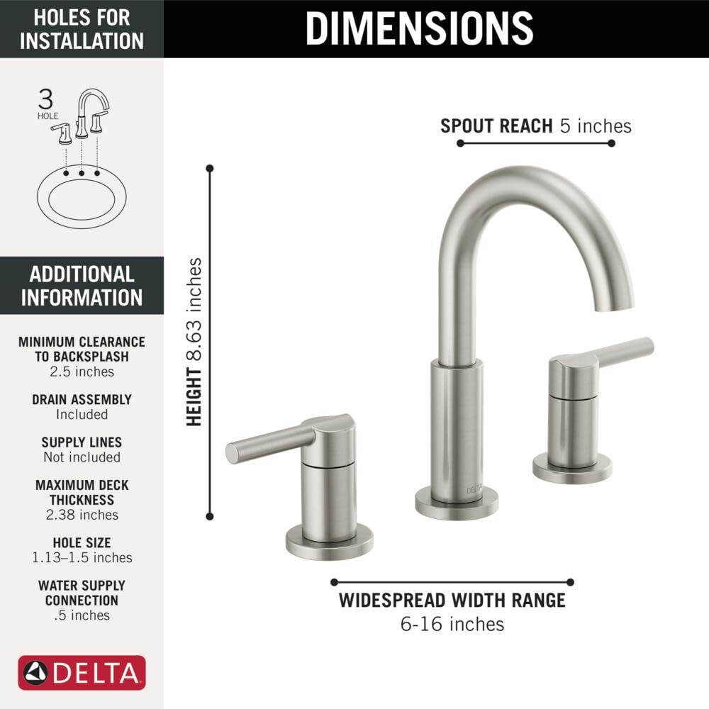 Delta Faucet Nicoli Widespread Bathroom Faucet Brushed Nickel, Bathroom Faucet 3 Hole, Bathroom Sink Faucet, Drain Assembly, Stainless 35749LF-SS