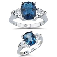 5.25 Cts London Blue Topaz & AAA White Topaz Three Stone Ring in 14KW Gold