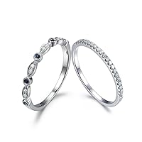 Solid 14k White Gold Half Eternity Natural Blue Sapphire Diamond Promise Propose Bands Sets,Stacking Ring