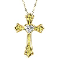 Created Heart Cut Yellow Sapphire 925 Sterling Silver 14K Gold Over Diamond Heart Cross Pendant Necklace for Women's & Girl's