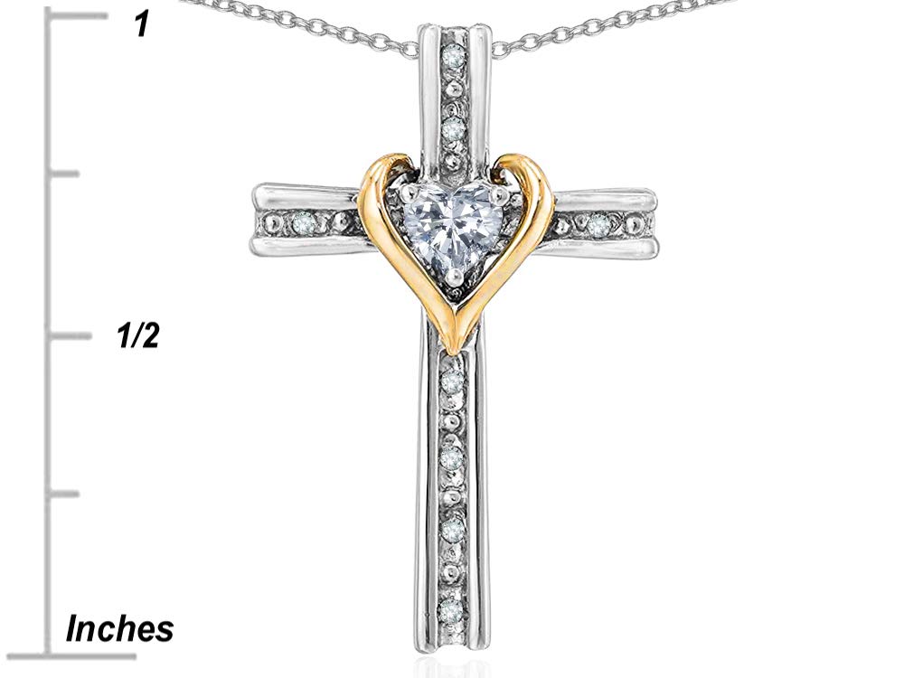 Star K 10k Yellow Gold Two Tone Love Cross with Heart Stone Pendant Necklace