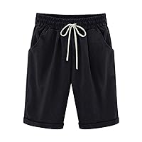 Women Summer Cotton Linen Shorts Casual Bermuda Shorts Solid Drawstring Waist Five-Point Pants Comfy Pocket Shorts