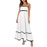 Boho Summer Dresses 2024 Vacation Spaghetti Strap Backless RIC Rac Trim Tiered A-Line Long Casual Swing Sundress Maxi Dresses