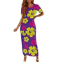 Women's Polynesian Samoan Puletasi Tatau Print Ptaha Short Sleeve Hawaiian Luau Maxi Dress Two Piece Outfits