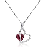 Amanda Rose Collection Sterling Silver Created Gemstone and Natural Diamond Heart Pendant Necklace for Women or Girls| Lab created Ruby or Lab created Sapphire with Diamonds Necklaces