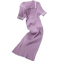 Casual Stripe Splice Lapel Knit Dress Women Elasticity Bodycon Mini Dress Summer Short Sleeve Slim Knit Dress