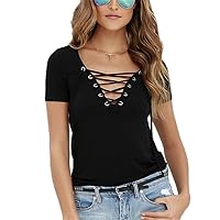 Andongnywell Women's Sexy Off Shoulder Short Sleeve Lace Up Casual Tunic Solid Color Blouse Tops Shirts