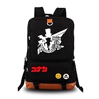 Detective Conan Anime Laptop Backpack Book Bag Work Bag Leather Splicing Rucksack with Pinback Buttons Black /4