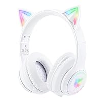 Bluetooth Cat Ear Headphones for Kids, Wireless & Wired Mode Foldable Headset with Mic, RGB LED Light, for Girls School Gaming, Compatible with Mobile Phones PC Tablet (White)