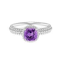 Purple Amethyst Gemstone Beaded Shank 925 Silver 0.75 CTW Cushion Twisted Ring