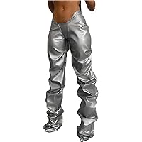LROSEY Women's Metallic Pants Hipster Faux PU Leather V Waist Stacked Trousers