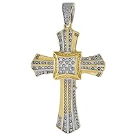 Large 2 inch 10k Gold Diamond Cross Pendants for Men 0.17 ct. Pave Set Two Tone Rhodium Finish