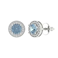 3.60 ct Round Cut Halo Solitaire Genuine Blue Simulated Diamond Pair of Solitaire Stud Screw Back Earrings 18K White Gold