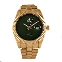 SL10294RGreen Quartz Analog Waterproof Mens Wrist Watch Calendar Stainless-Steel Band Gold Plated