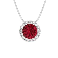 Clara Pucci 1.30 ct Round Cut Pave Halo Genuine Simulated Ruby Solitaire Pendant Necklace With 18