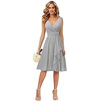 Women's Short Bridesmaid Dresses for Wedding Ruffle Chiffon Formal Dress V Neck Ruched Evening Gowns R061
