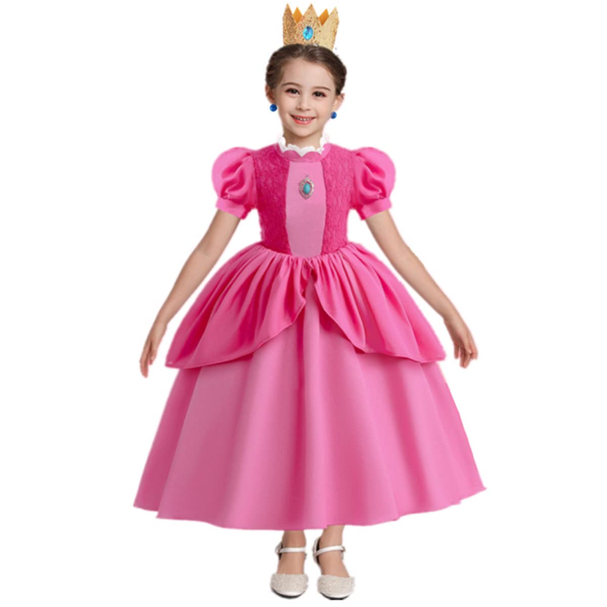 Xefenki Princess Peach Cosplay Costume for Girls Kids,Princess Peach Dress With Accessories Crown and Earrings