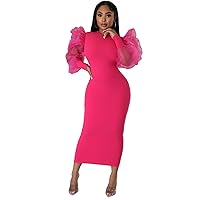 Ekaliy Women's Plus Size Bodycon Dress Elegant Lantern Long Sleeve Mesh Solid Sexy Evening Party Maxi Long Dress