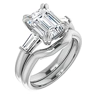 10K Solid White Gold Handmade Engagement Rings 1.5 CT Emerald Cut Moissanite Diamond Solitaire Wedding/Bridal Ring Set for Womens/Her Proposes Rings Set