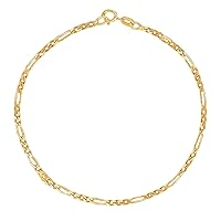 14k SOLID Yellow Gold 1.3mm Shiny Diamond-Cut Alternate Classic Mens Figaro Chain Necklace Or Bracelet or Foot Anklet for Pendants and Charms with Spring-Ring Clasp (10