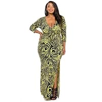 SXY BLK Yellow Paisley Stretch V Neck TIE Women Long Goddess Maxi Dress 1X/2X/3X