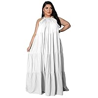 Womens Round-Neck Spaghetti Strap Bowknot Backless Sleeveless Solid Color Long Swing Dress Plus Size Casual Dress White