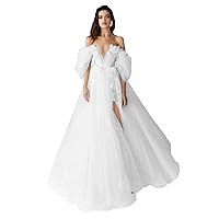 Women's Sexy V-Neck Puffy Sleev Tulle Wedding Dress for Bride Lace Appliques 3D Flowers Ball Gowns White