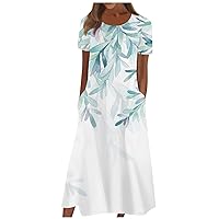Summer Dresses for Women Floral Print Casual Sundresses Round Neck Short Sleeves Beach Dress Loose Maxi Dress with