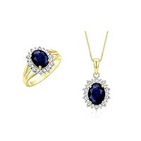 Women's Yellow Gold Plated Silver Princess Diana Ring & Pendant Set. Gemstone & Diamonds, 9X7MM Birthstone. Matching Friendship Jewelry, Sizes 5-10.