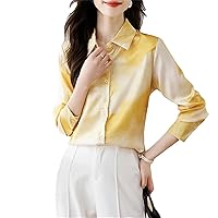 Women's Fashion Korean Silk Satin Shirt Casual Long Sleeve Button Lapel Printed Shirt Top