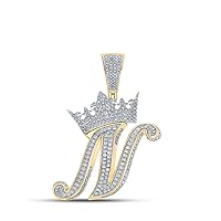 10K Two-tone Gold Mens Diamond Crown N Letter Necklace Pendant 1-3/8 Ctw.
