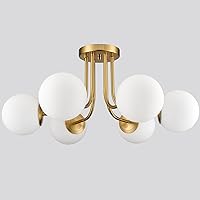 Modern Brushed Brass Gold 6-Light Ceiling Light with Globe White Glass Shade Semi Flush Mount Light Fixture for Dinning Room Foyer Hallway Sputnik Chandeliers