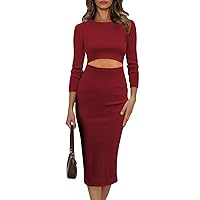 Pink Queen Womens Crew Neck Long Sleeve Slim Bodycon Cutout Ribbed Midi Knit Dress Ruby S