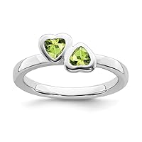 Solid 925 Sterling Silver Stackable Peridot Green August Gemstone Double Heart Ring Eternity Band