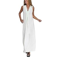 Women Summer Casual Dress Sleeveless V Neck Vent Maxi Loose Dress Boho Beach Long Sundress Midi Dress