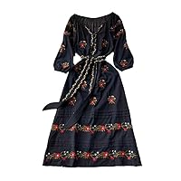 Bohemian Ethnic Style Embroidered Long-Sleeved V-Neck Dress Women' Spring French Retro Long Dresses