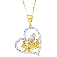 Round Cut CZ Black & White Diamond Pig with Wings Heart Pendant for Her 925 Sterling Silver with 14K Yellow Gold Plated