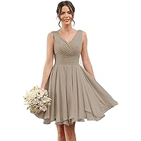 Women's V-Neck Bridesmaid Dresses Short Chiffon Pleated Wedding Formal Gowns with Pockets
