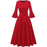 HomRain Women's Elegant Bell Sleeve Cocktail Party Dresses for Wedding Guest Fit and Flare Modest Church Midi Evening Dress