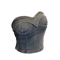 Women's Denim Tank Top Corset Bustier Blue Jean Crop Top Bra Streetwear Cami Detachable Straps Push Up Vest (Rhinestone-L)