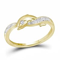 The Diamond Deal 10kt Yellow Gold Womens Round Diamond Two-tone Dolphin Fish Animal Ring 1/20 Cttw