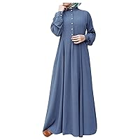 Muslim Women Dress Long Sleeve Tunic Dress Ladies Shift Holiday Beautiful College Soft V Neck Cotton Comfy Plain Button-Down Tank for Women Blue