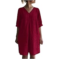 Ladies Summer Dresses 2023 Trendy Knee Length Dress for Women Short Sleeve V Neck Linen Dress Casual Mini Sundress
