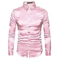 Pink Silk Satin Tuxedo Shirt Men Regular Fit Long Sleeve Mens Dress Shirts Dance Party Prom Wedding Casual Shirt