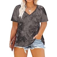 RITERA Plus Size Tops for Women Summer T Shirts V Neck Short Sleeve Casual Loose Basic Tee Tops with Front Pocket Grey Tie Dye 2XL 18W 20W