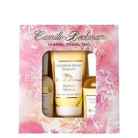 Camille Beckman Classic Collection Travel Trios, French Vanilla, Glycerine Hand Therapy 1.35 oz, Silky Body Cream 2 oz, Hand & Shower Cleansing Gel 2 oz
